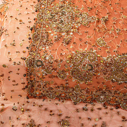 Sanskriti Vintage Peach Net Dupatta/Stole Hand Embroidery Zari Zardozi Neck Veil