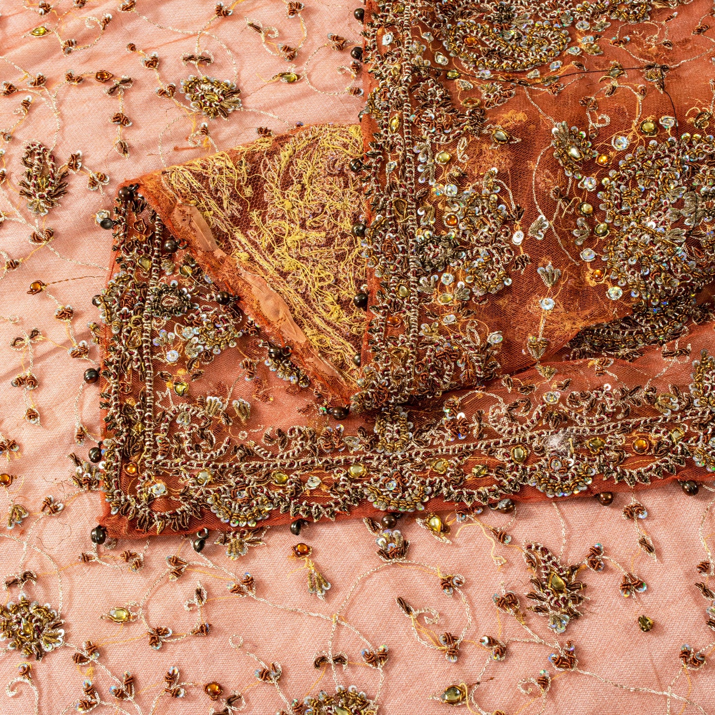 Sanskriti Vintage Peach Net Dupatta/Stole Hand Embroidery Zari Zardozi Neck Veil