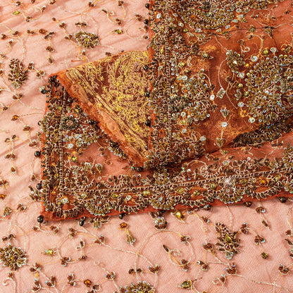 Sanskriti Vintage Peach Net Dupatta/Stole Hand Embroidery Zari Zardozi Neck Veil