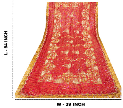 Sanskriti Vintage Red Georgette Dupatta/Stole Hand Embroidery Zari Sequins Veil