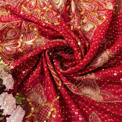 Sanskriti Vintage Red Georgette Dupatta/Stole Hand Embroidery Zari Sequins Veil