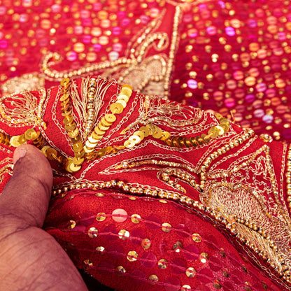 Sanskriti Vintage Red Georgette Dupatta/Stole Hand Embroidery Zari Sequins Veil