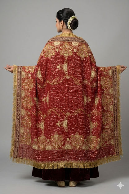 Sanskriti Vintage Red Georgette Dupatta/Stole Hand Embroidery Zari Sequins Veil