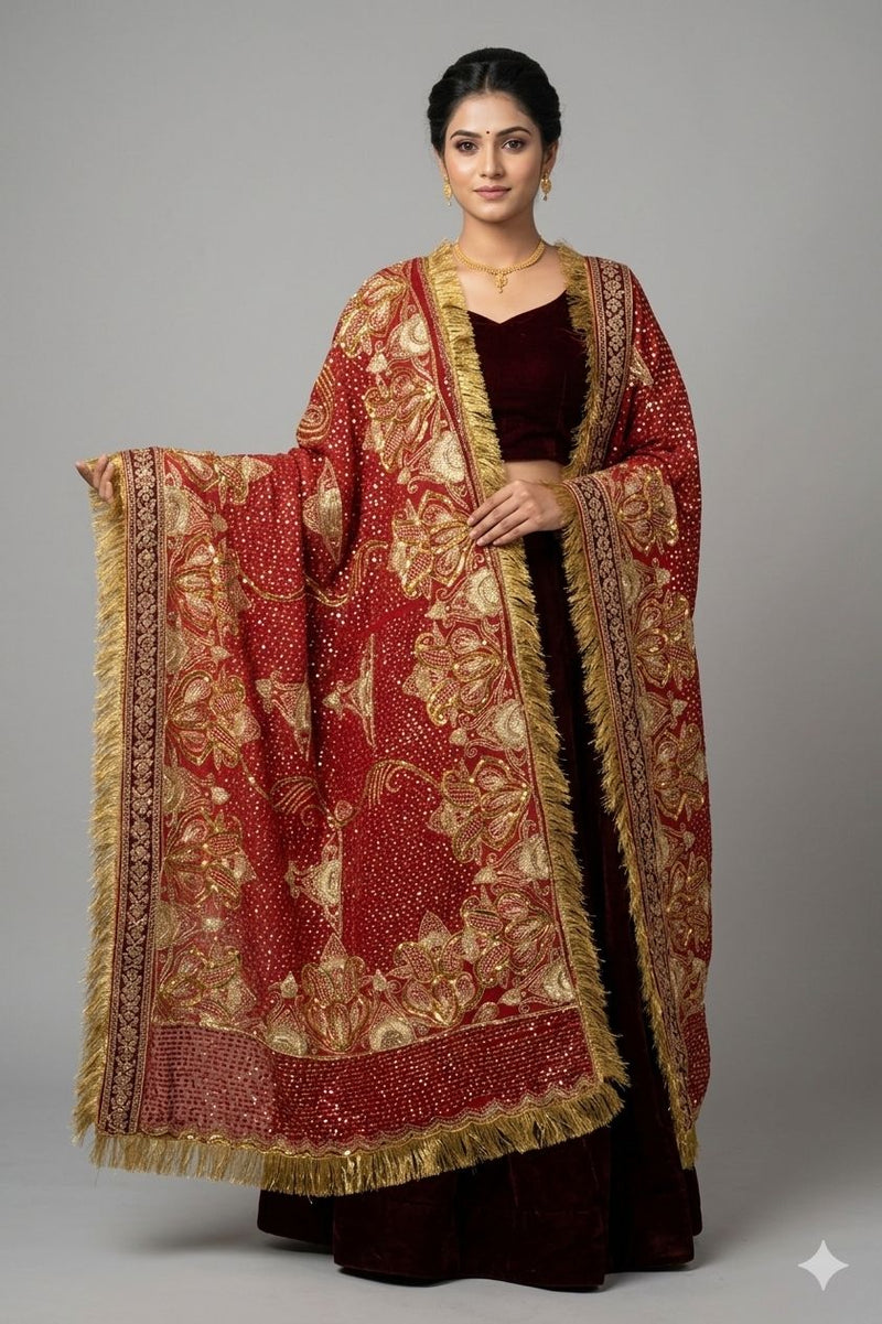 Sanskriti Vintage Red Georgette Dupatta/Stole Hand Embroidery Zari Sequins Veil