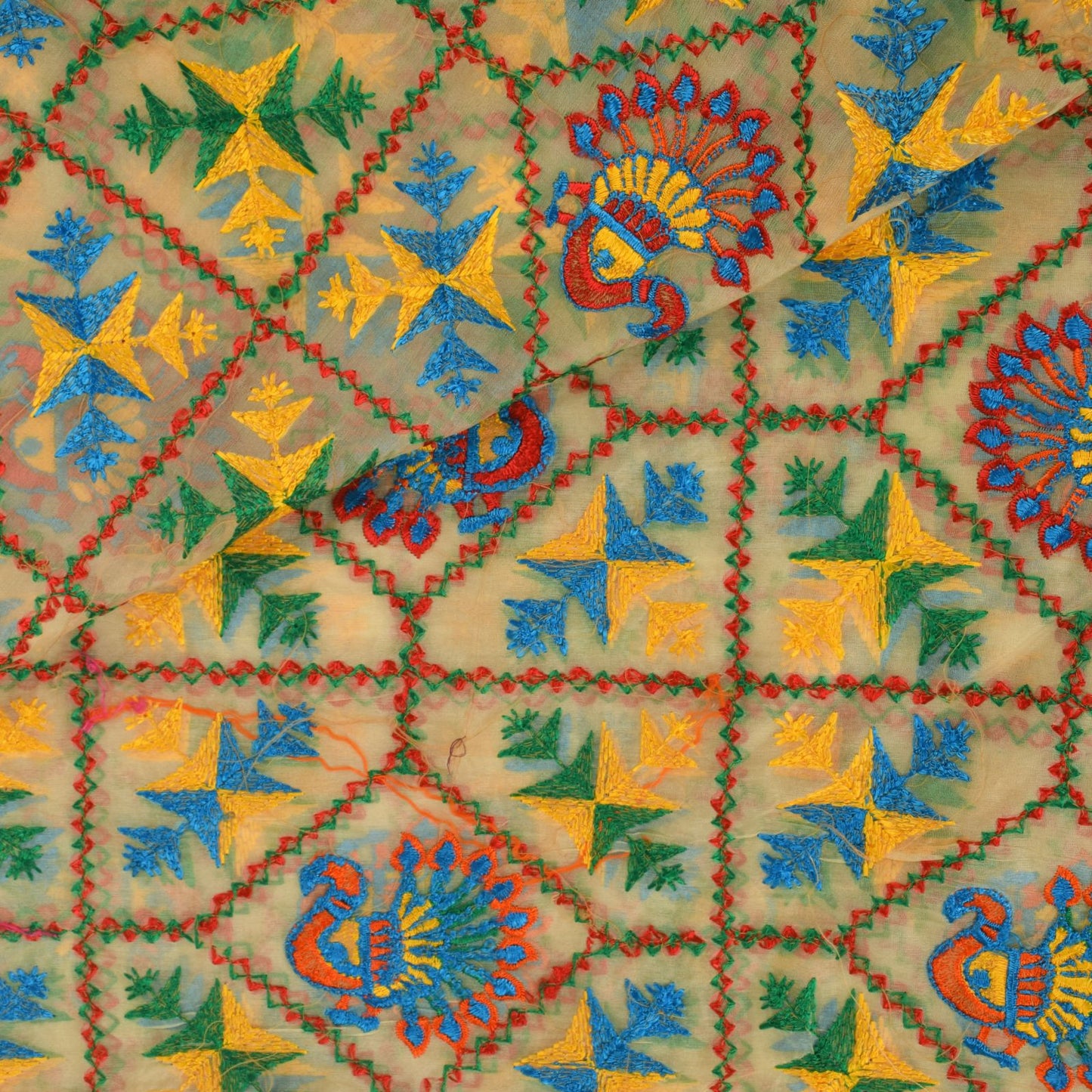 Sanskriti Vintage White Organza Dupatta/Stole Peacock Hand Embroidered Phulkari