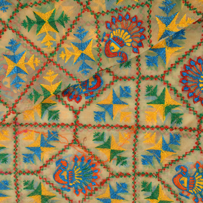 Sanskriti Vintage White Organza Dupatta/Stole Peacock Hand Embroidered Phulkari