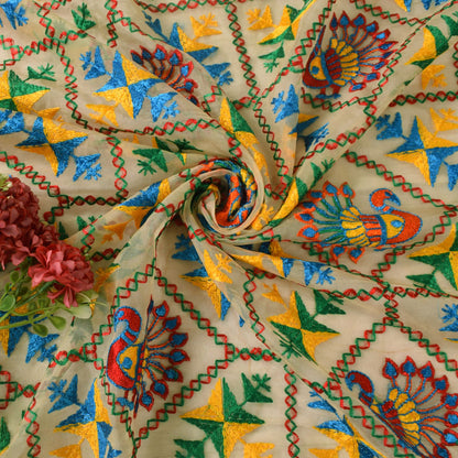 Sanskriti Vintage White Organza Dupatta/Stole Peacock Hand Embroidered Phulkari
