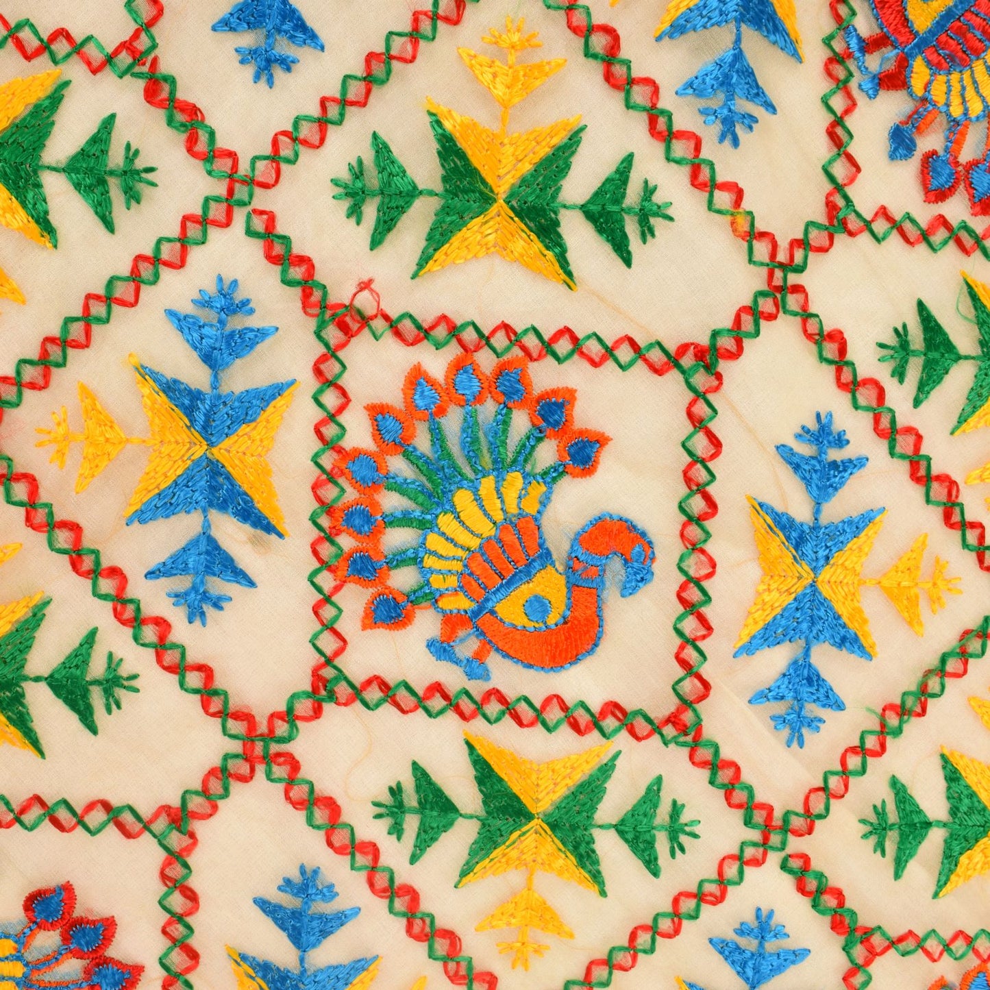 Sanskriti Vintage White Organza Dupatta/Stole Peacock Hand Embroidered Phulkari