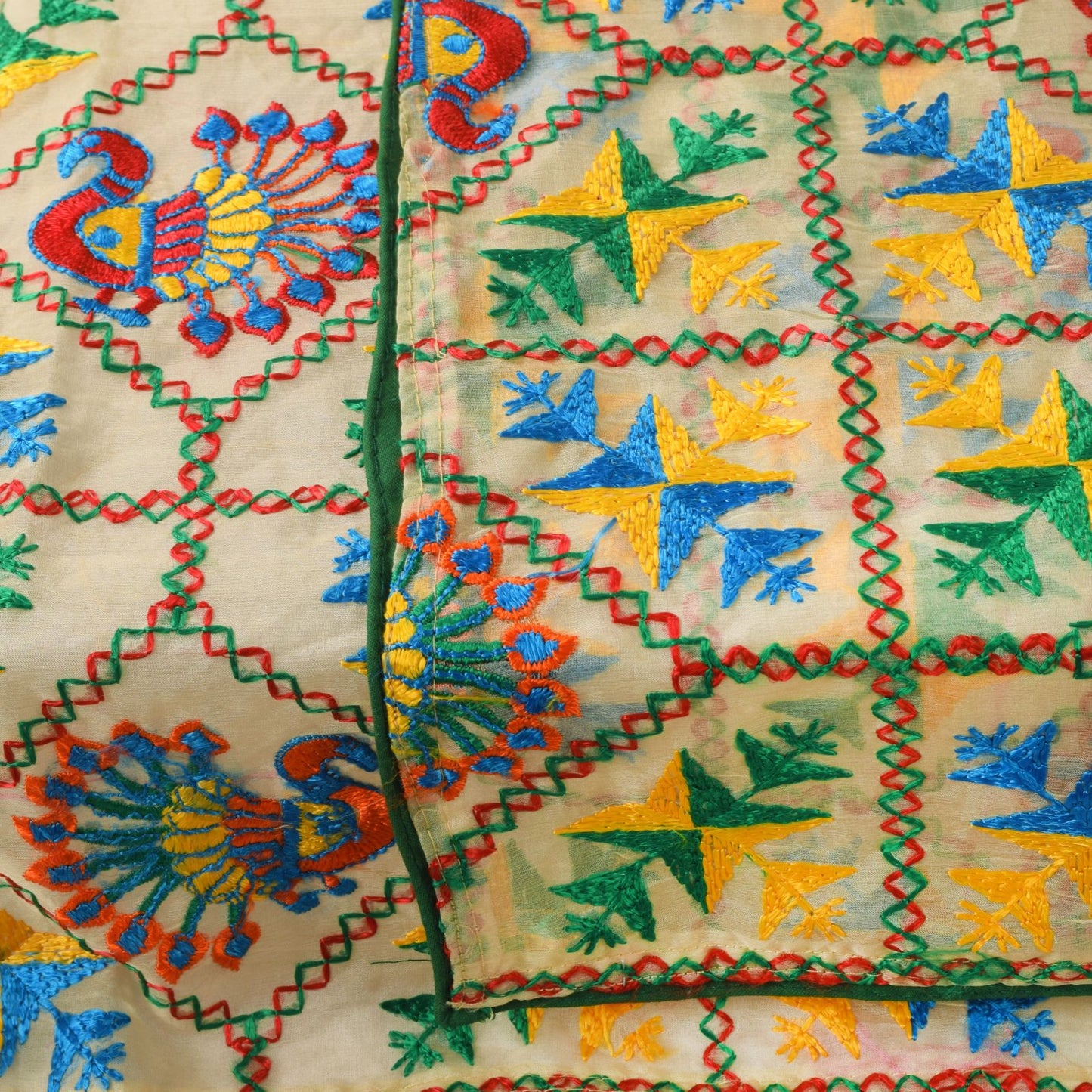 Sanskriti Vintage White Organza Dupatta/Stole Peacock Hand Embroidered Phulkari