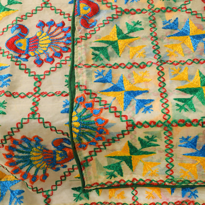 Sanskriti Vintage White Organza Dupatta/Stole Peacock Hand Embroidered Phulkari