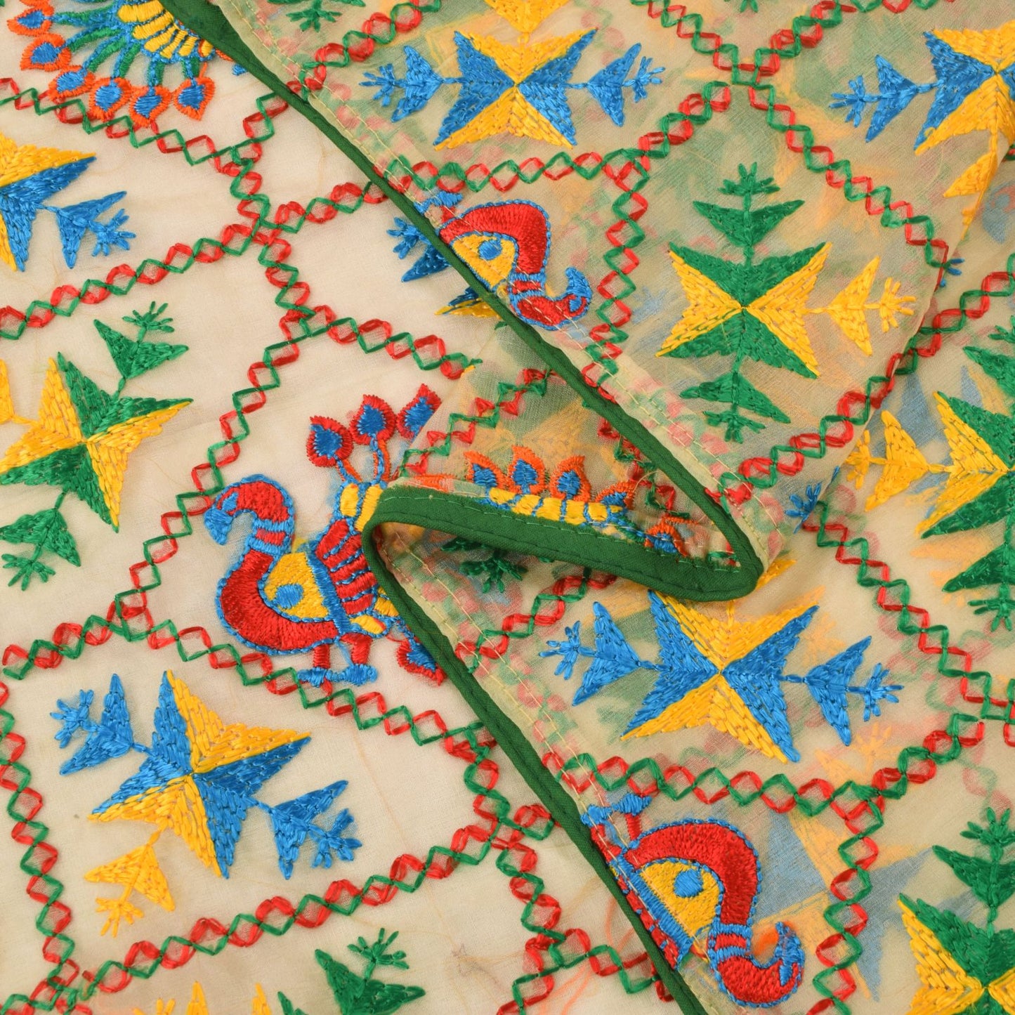 Sanskriti Vintage White Organza Dupatta/Stole Peacock Hand Embroidered Phulkari