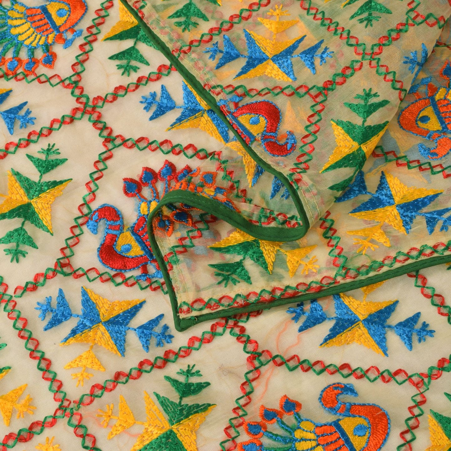 Sanskriti Vintage White Organza Dupatta/Stole Peacock Hand Embroidered Phulkari