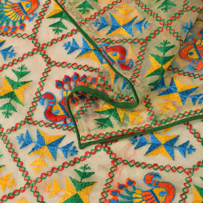 Sanskriti Vintage White Organza Dupatta/Stole Peacock Hand Embroidered Phulkari