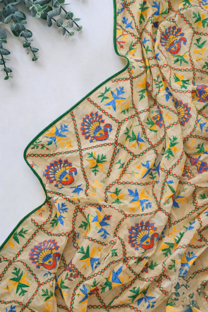 Sanskriti Vintage White Organza Dupatta/Stole Peacock Hand Embroidered Phulkari
