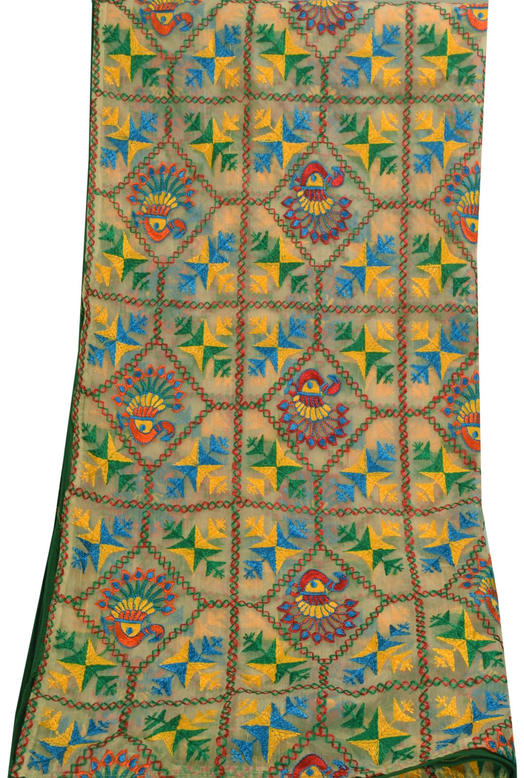 Sanskriti Vintage White Organza Dupatta/Stole Peacock Hand Embroidered Phulkari