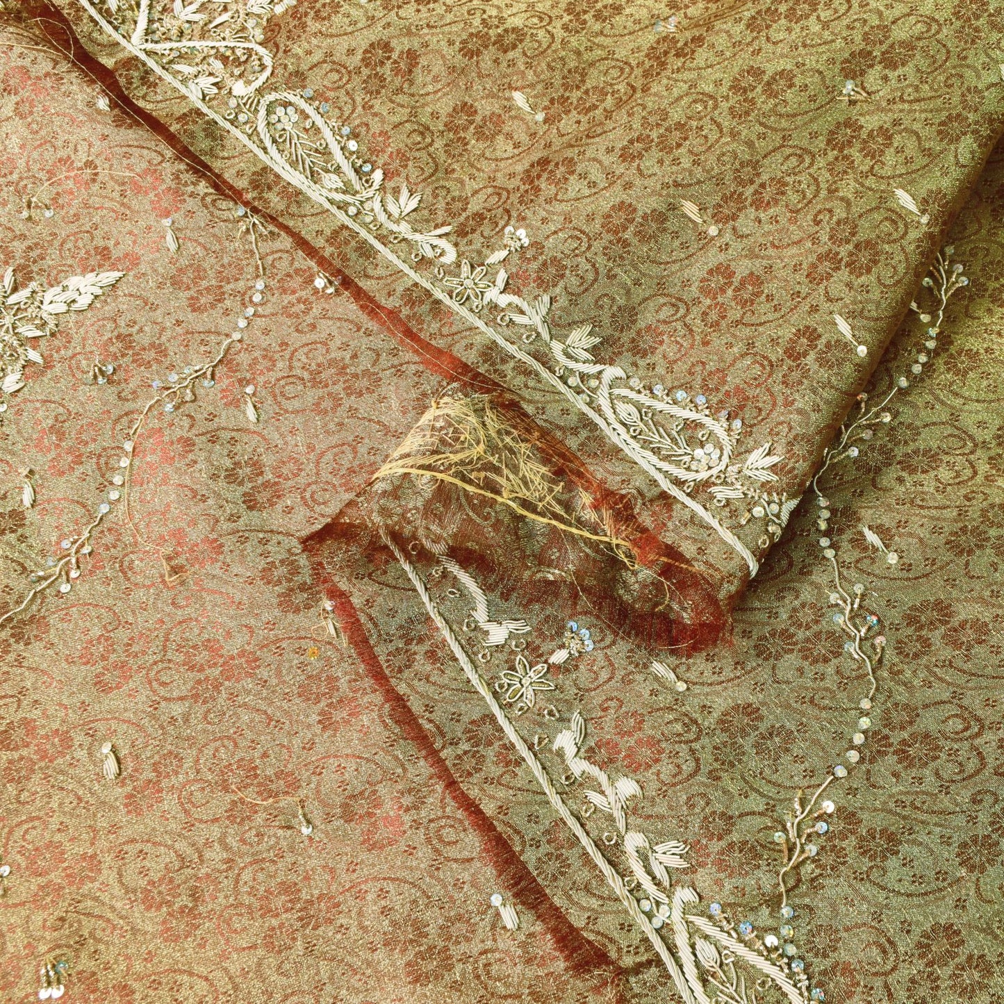 Sanskriti Vintage Golden Brown Art Silk Dupatta/Stole Hand Embroidery Zardozi
