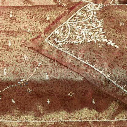 Sanskriti Vintage Golden Brown Art Silk Dupatta/Stole Hand Embroidery Zardozi