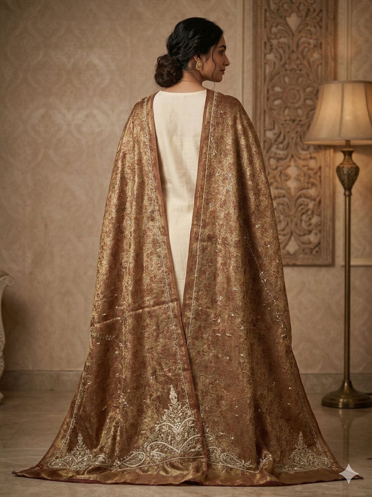 Sanskriti Vintage Golden Brown Art Silk Dupatta/Stole Hand Embroidery Zardozi