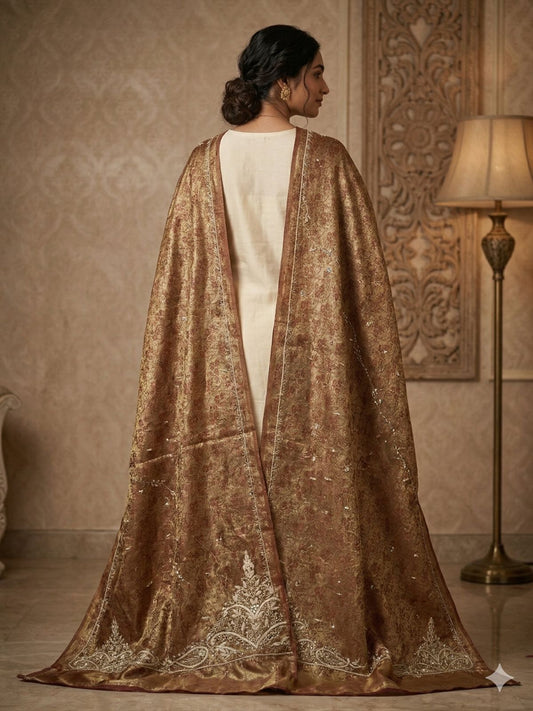 Sanskriti Vintage Golden Brown Art Silk Dupatta/Stole Hand Embroidery Zardozi