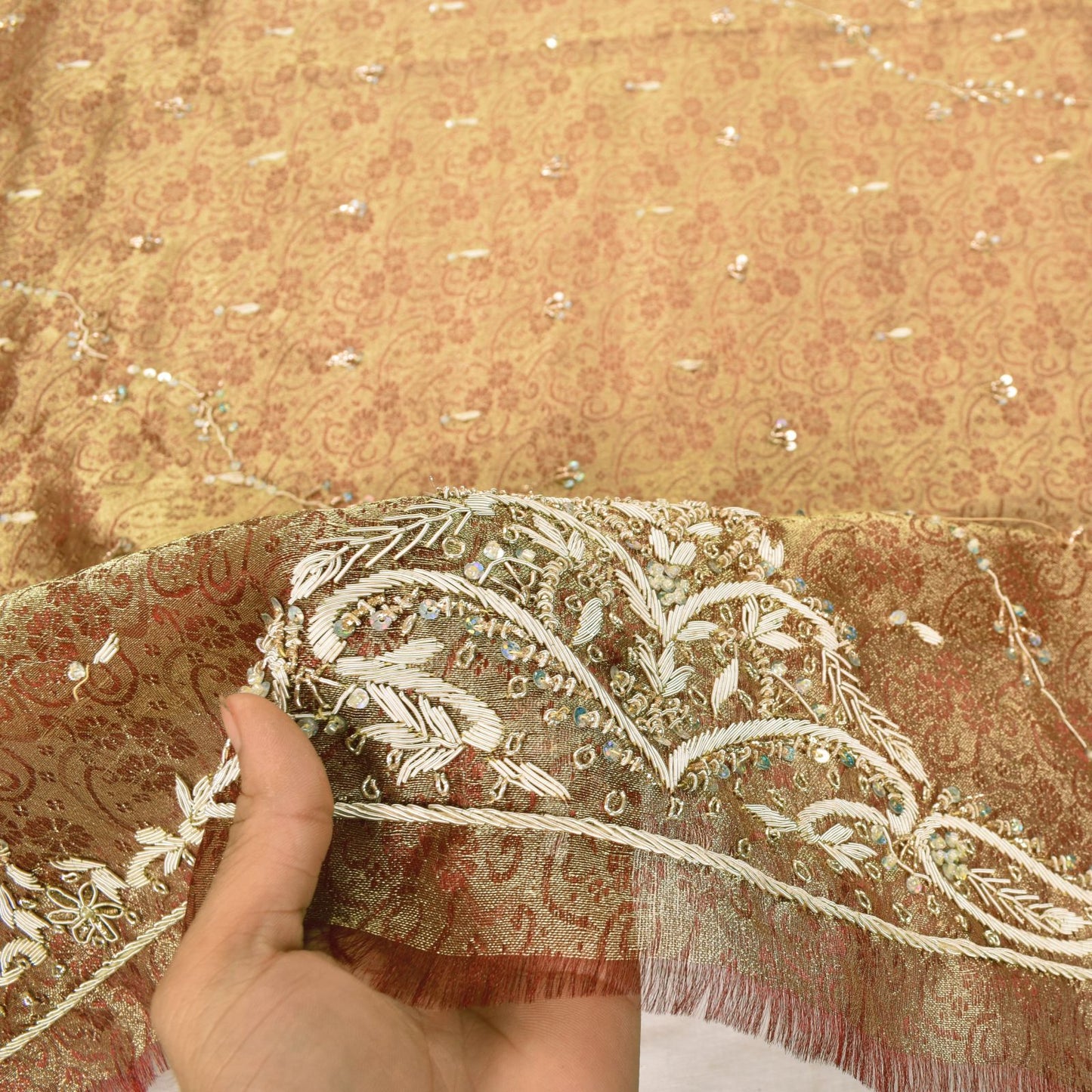 Sanskriti Vintage Golden Brown Art Silk Dupatta/Stole Hand Embroidery Zardozi