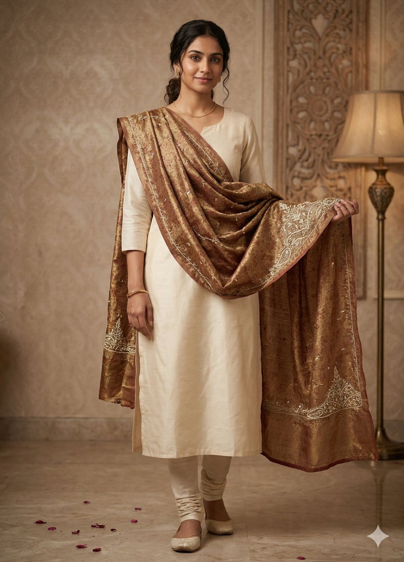 Sanskriti Vintage Golden Brown Art Silk Dupatta/Stole Hand Embroidery Zardozi