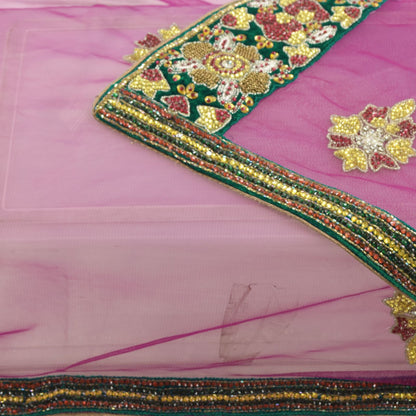 Sanskriti Vintage Purple Net Dupatta/Stole Hand Beaded Zardozi Stone Wrap Veil