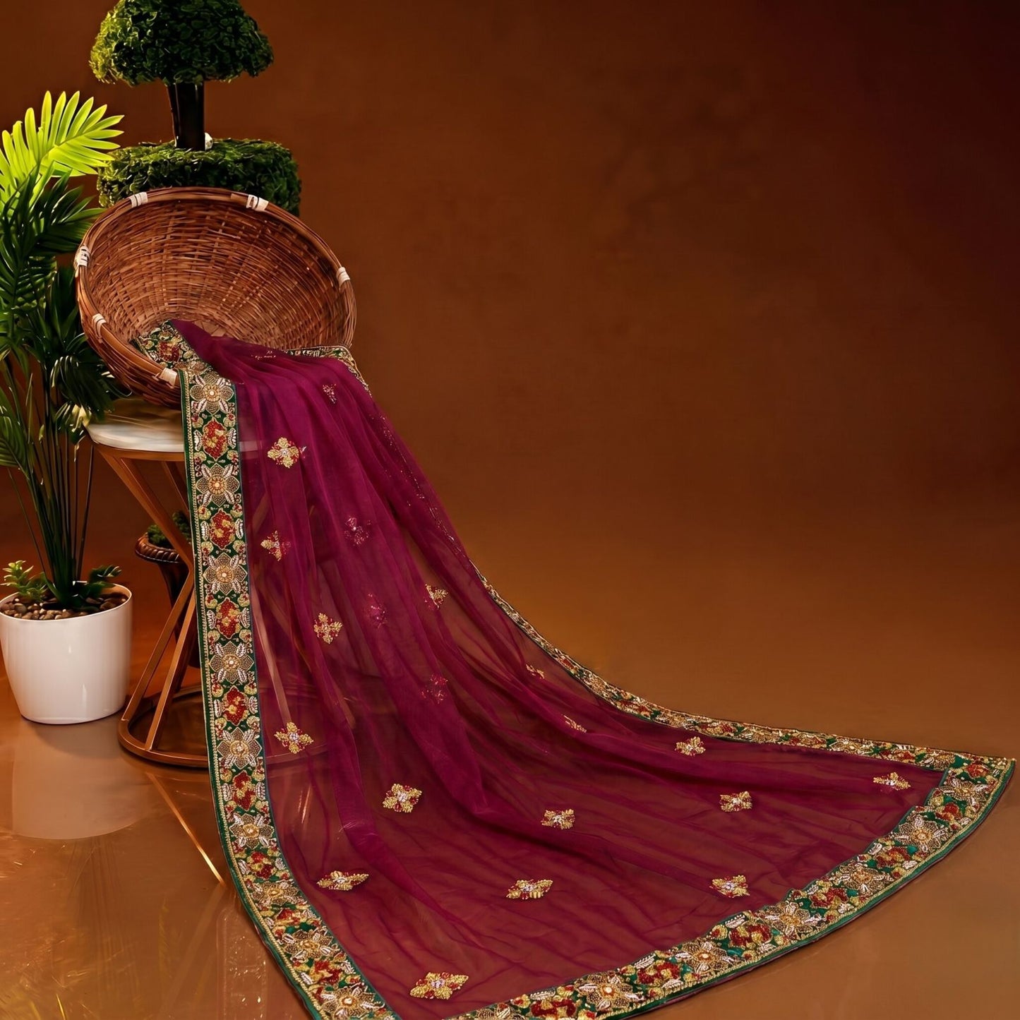 Sanskriti Vintage Purple Net Dupatta/Stole Hand Beaded Zardozi Stone Wrap Veil