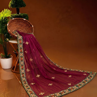 Sanskriti Vintage Purple Net Dupatta/Stole Hand Beaded Zardozi Stone Wrap Veil