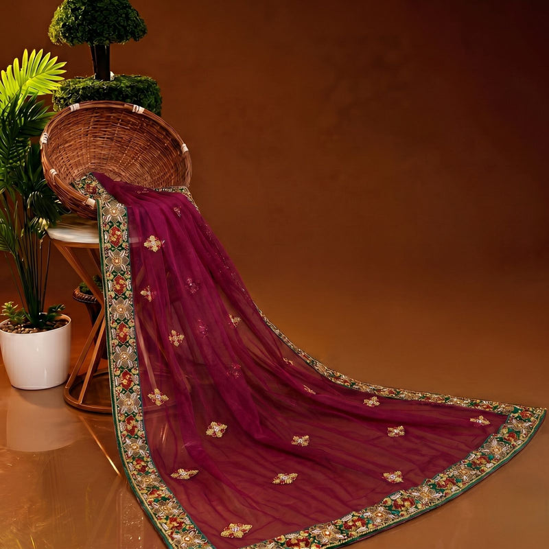 Sanskriti Vintage Purple Net Dupatta/Stole Hand Beaded Zardozi Stone Wrap Veil