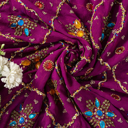 Sanskriti Vintage Purple Pure Georgette Dupatta/Stole Hand Embroidery Zardozi