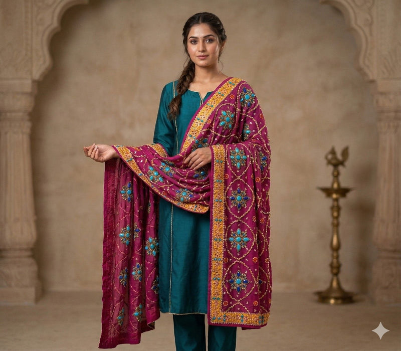 Sanskriti Vintage Purple Pure Georgette Dupatta/Stole Hand Embroidery Zardozi