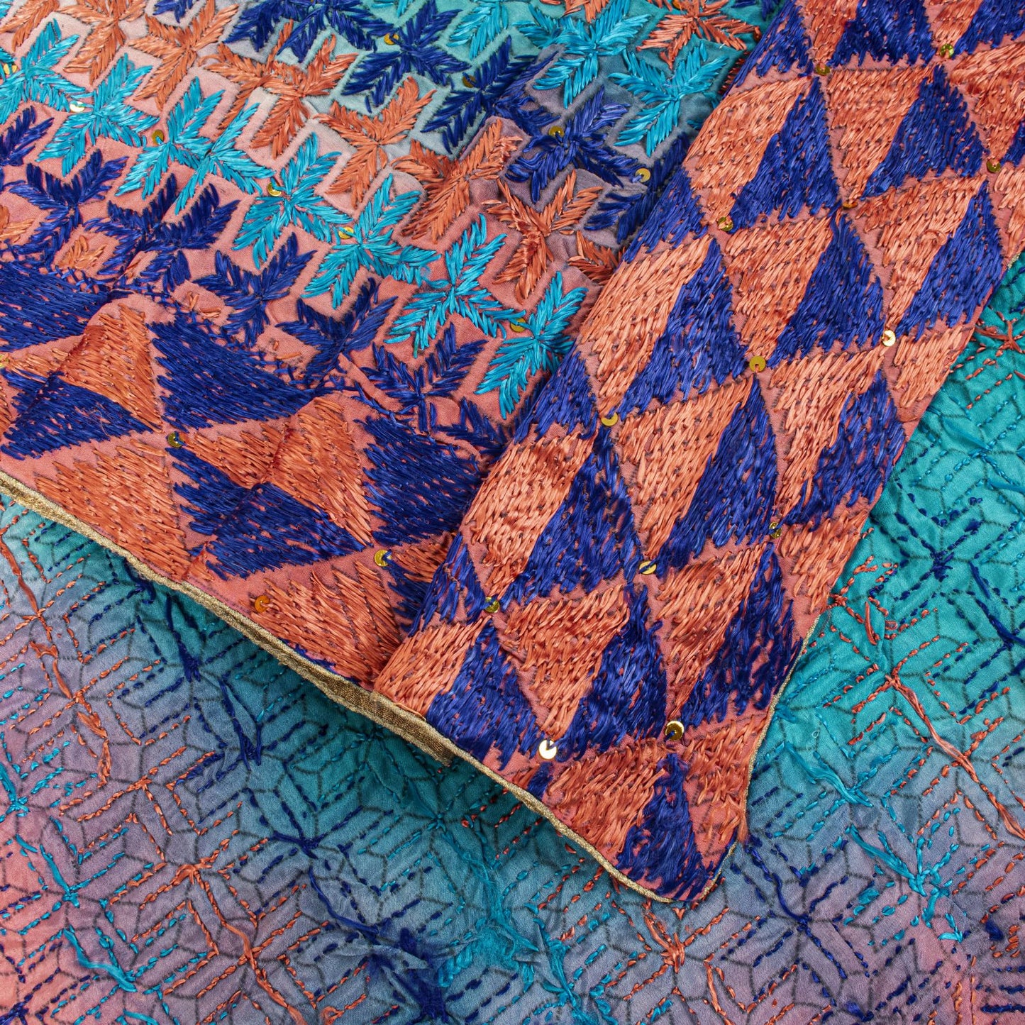 Sanskriti Vintage Blue Pure Silk Dupatta/Stole Hand Embroidery Phulkari Panjab
