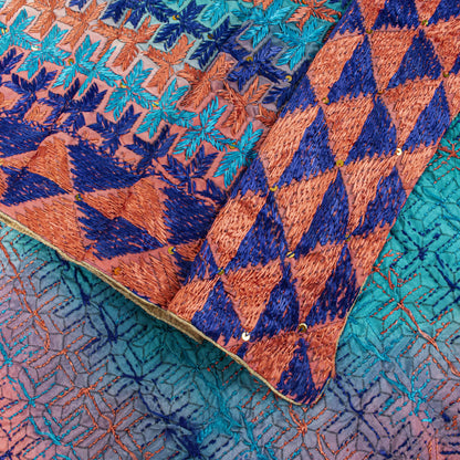 Sanskriti Vintage Blue Pure Silk Dupatta/Stole Hand Embroidery Phulkari Panjab