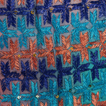Sanskriti Vintage Blue Pure Silk Dupatta/Stole Hand Embroidery Phulkari Panjab