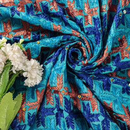 Sanskriti Vintage Blue Pure Silk Dupatta/Stole Hand Embroidery Phulkari Panjab
