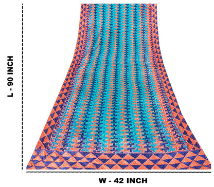 Sanskriti Vintage Blue Pure Silk Dupatta/Stole Hand Embroidery Phulkari Panjab