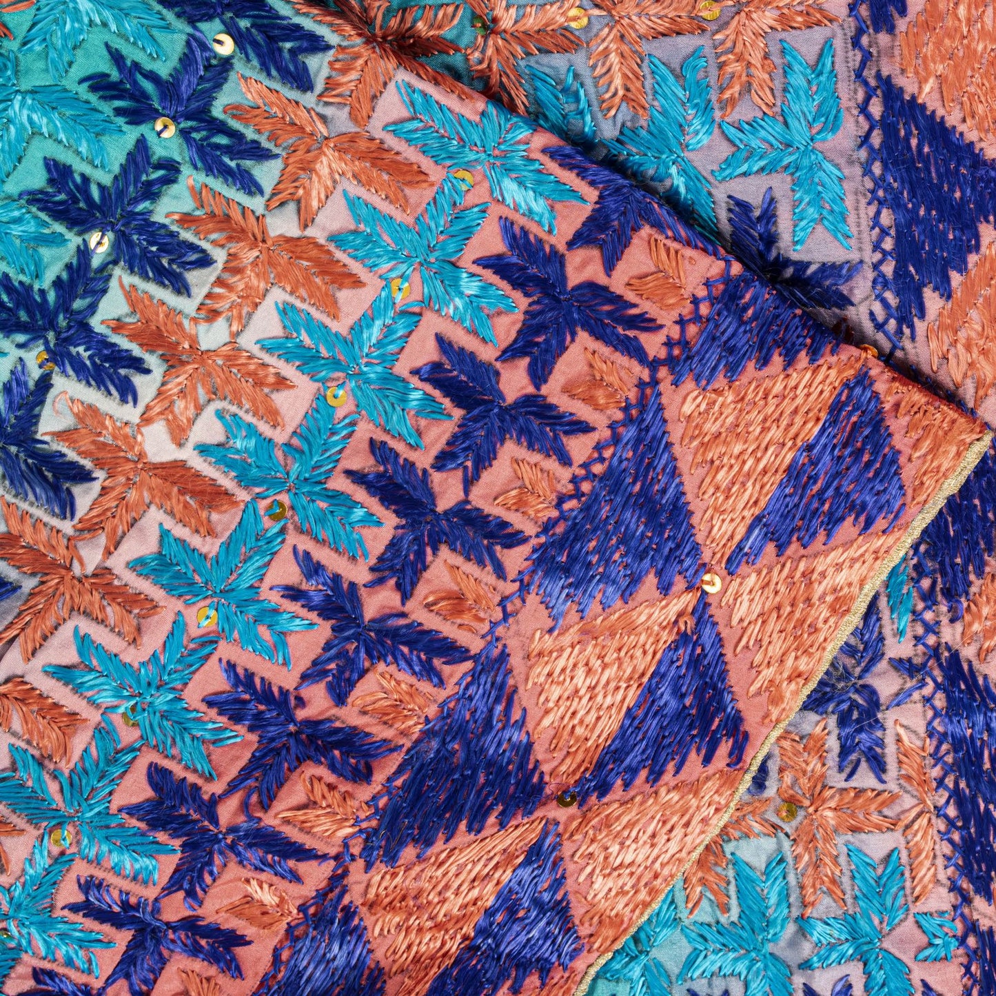 Sanskriti Vintage Blue Pure Silk Dupatta/Stole Hand Embroidery Phulkari Panjab