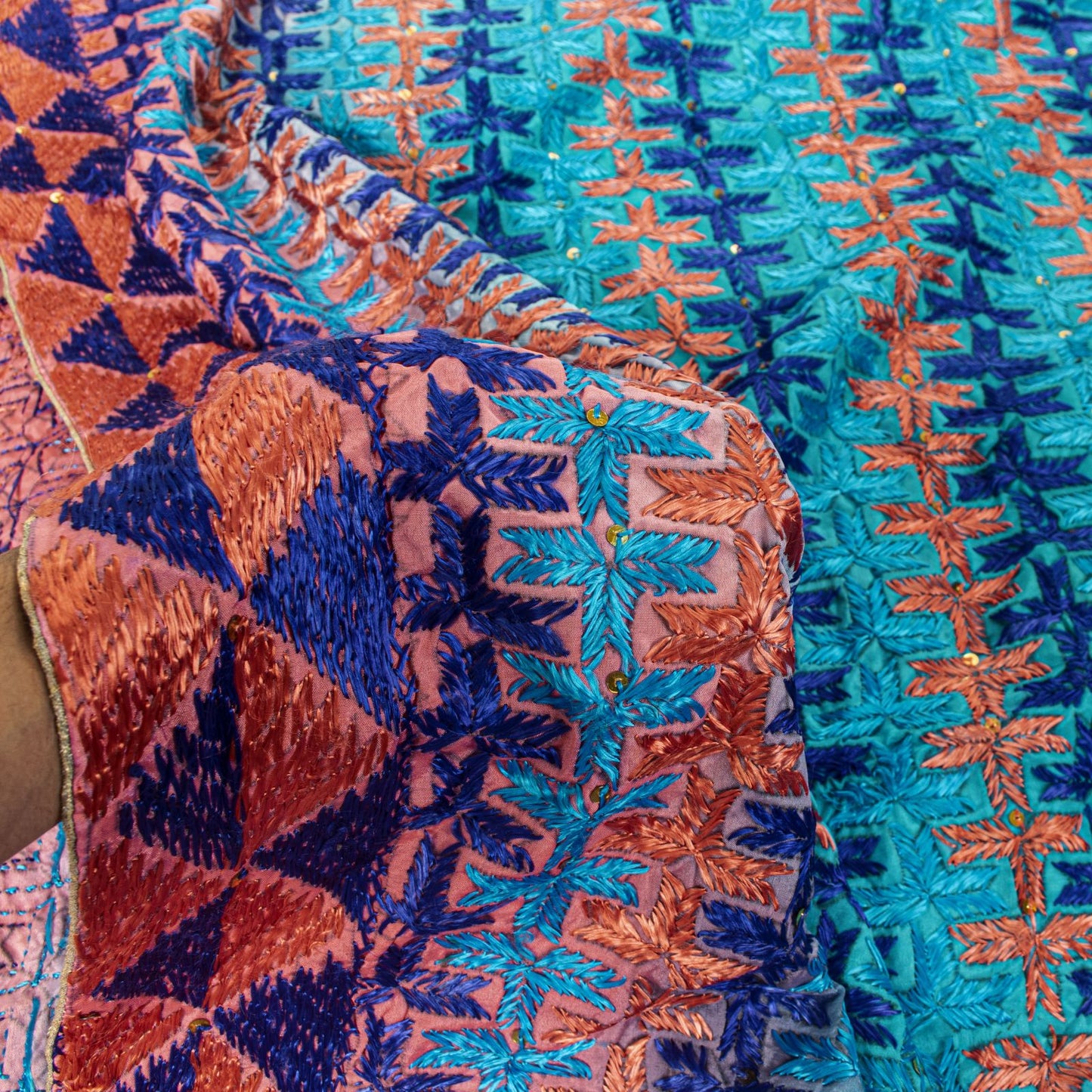 Sanskriti Vintage Blue Pure Silk Dupatta/Stole Hand Embroidery Phulkari Panjab