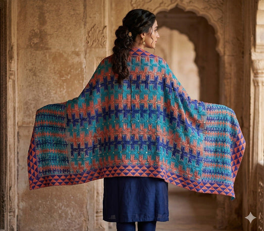 Sanskriti Vintage Blue Pure Silk Dupatta/Stole Hand Embroidery Phulkari Panjab