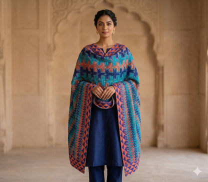 Sanskriti Vintage Blue Pure Silk Dupatta/Stole Hand Embroidery Phulkari Panjab