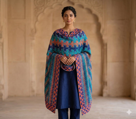 Sanskriti Vintage Blue Pure Silk Dupatta/Stole Hand Embroidery Phulkari Panjab