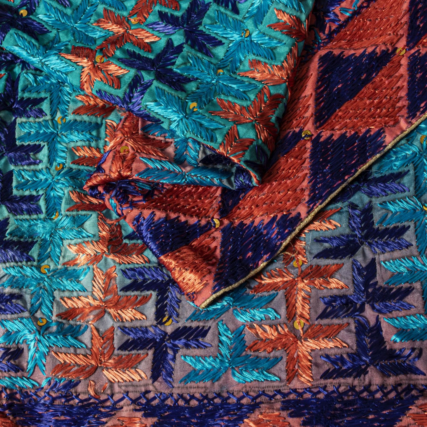 Sanskriti Vintage Blue Pure Silk Dupatta/Stole Hand Embroidery Phulkari Panjab