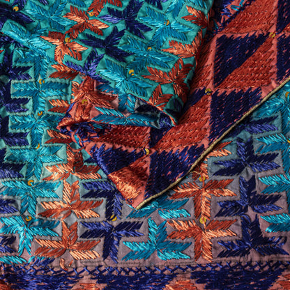 Sanskriti Vintage Blue Pure Silk Dupatta/Stole Hand Embroidery Phulkari Panjab