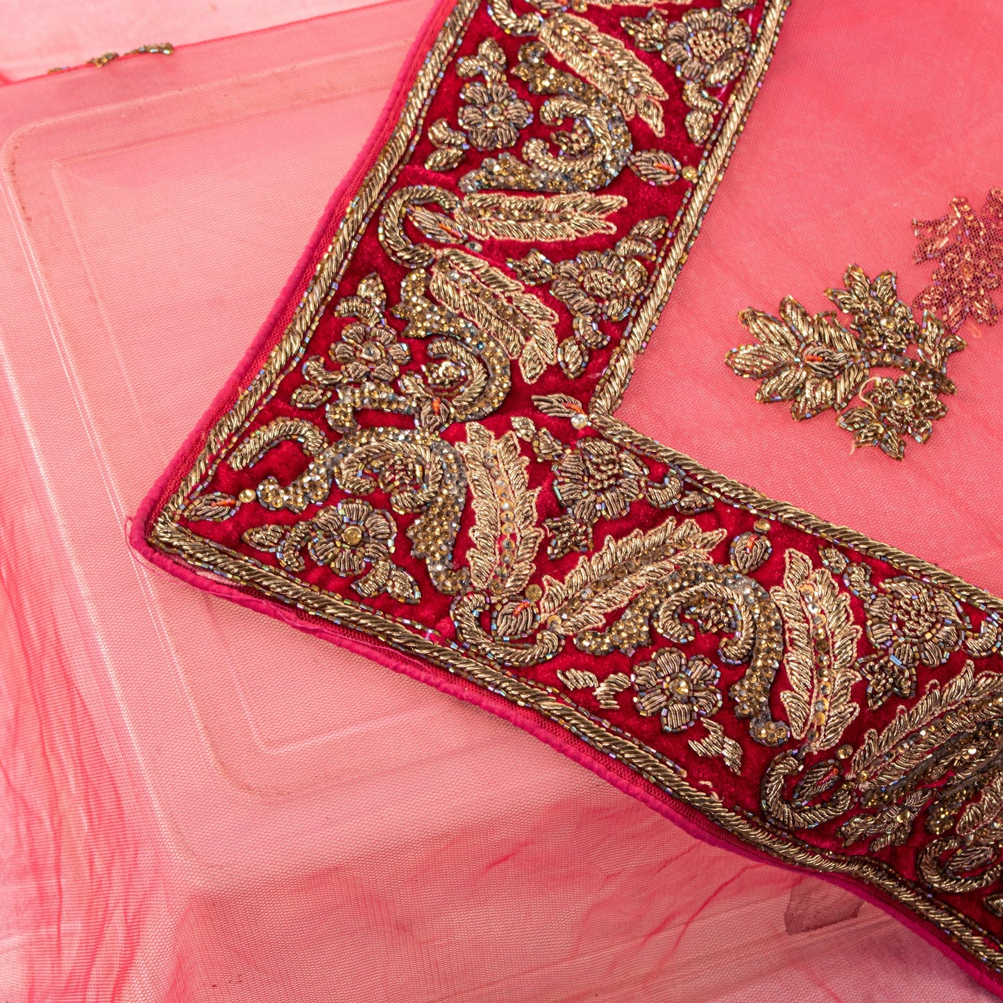 Sanskriti Vintage Pink Net Dupatta/Stole Hand Embroidery Zardozi Dabka Neck Veil