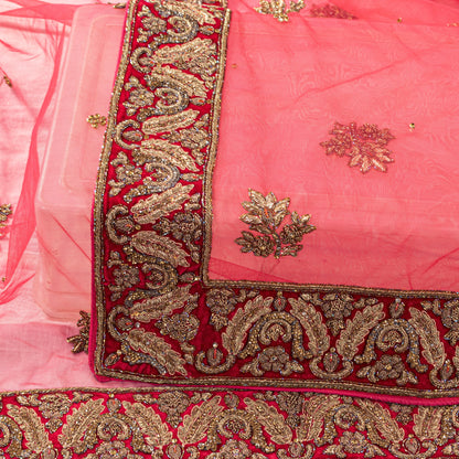 Sanskriti Vintage Pink Net Dupatta/Stole Hand Embroidery Zardozi Dabka Neck Veil