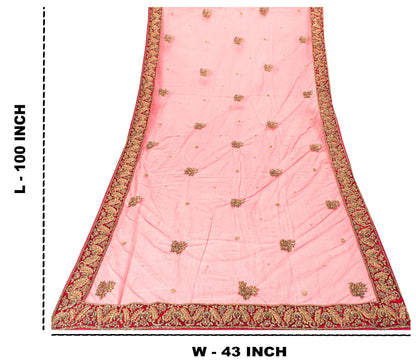 Sanskriti Vintage Pink Net Dupatta/Stole Hand Embroidery Zardozi Dabka Neck Veil
