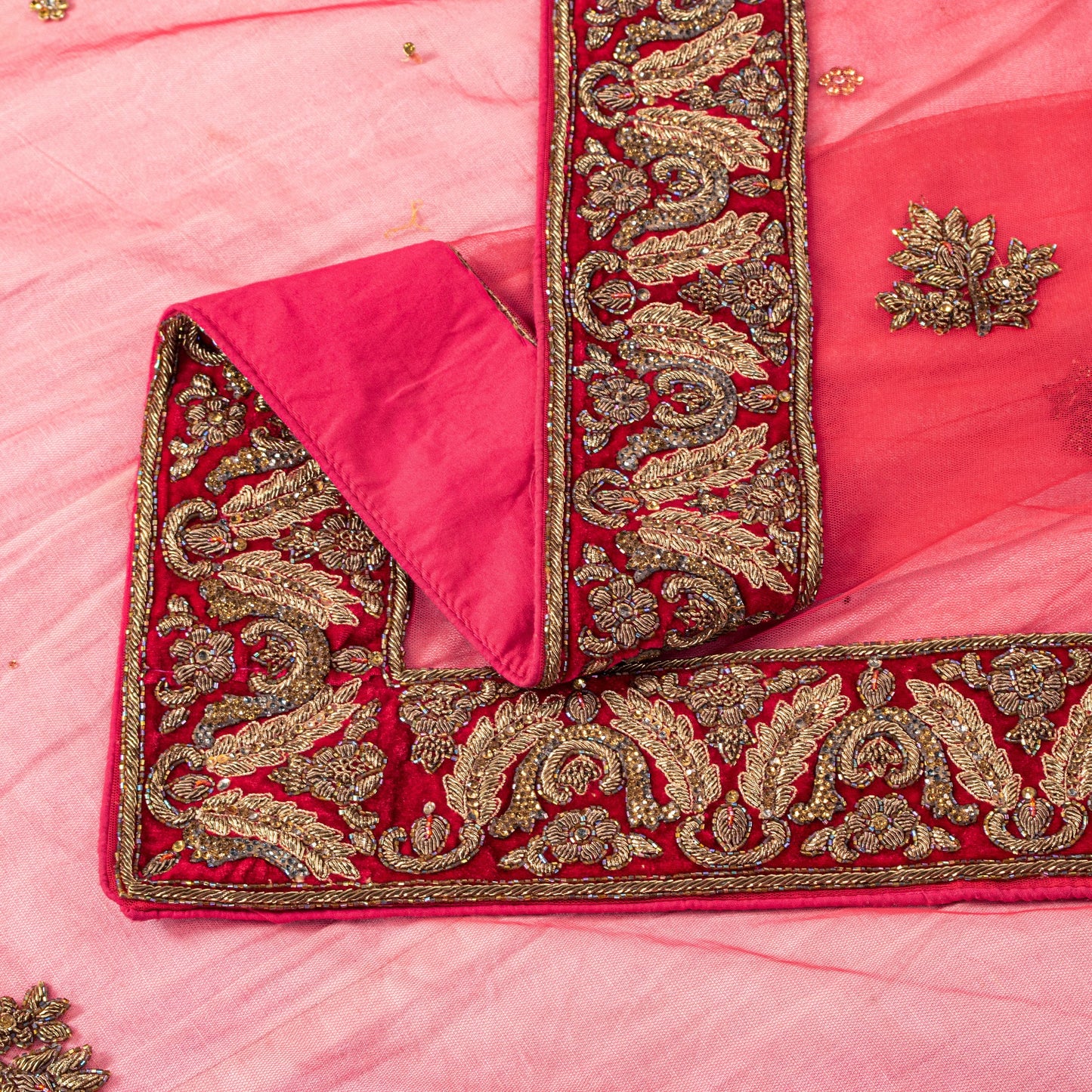 Sanskriti Vintage Pink Net Dupatta/Stole Hand Embroidery Zardozi Dabka Neck Veil