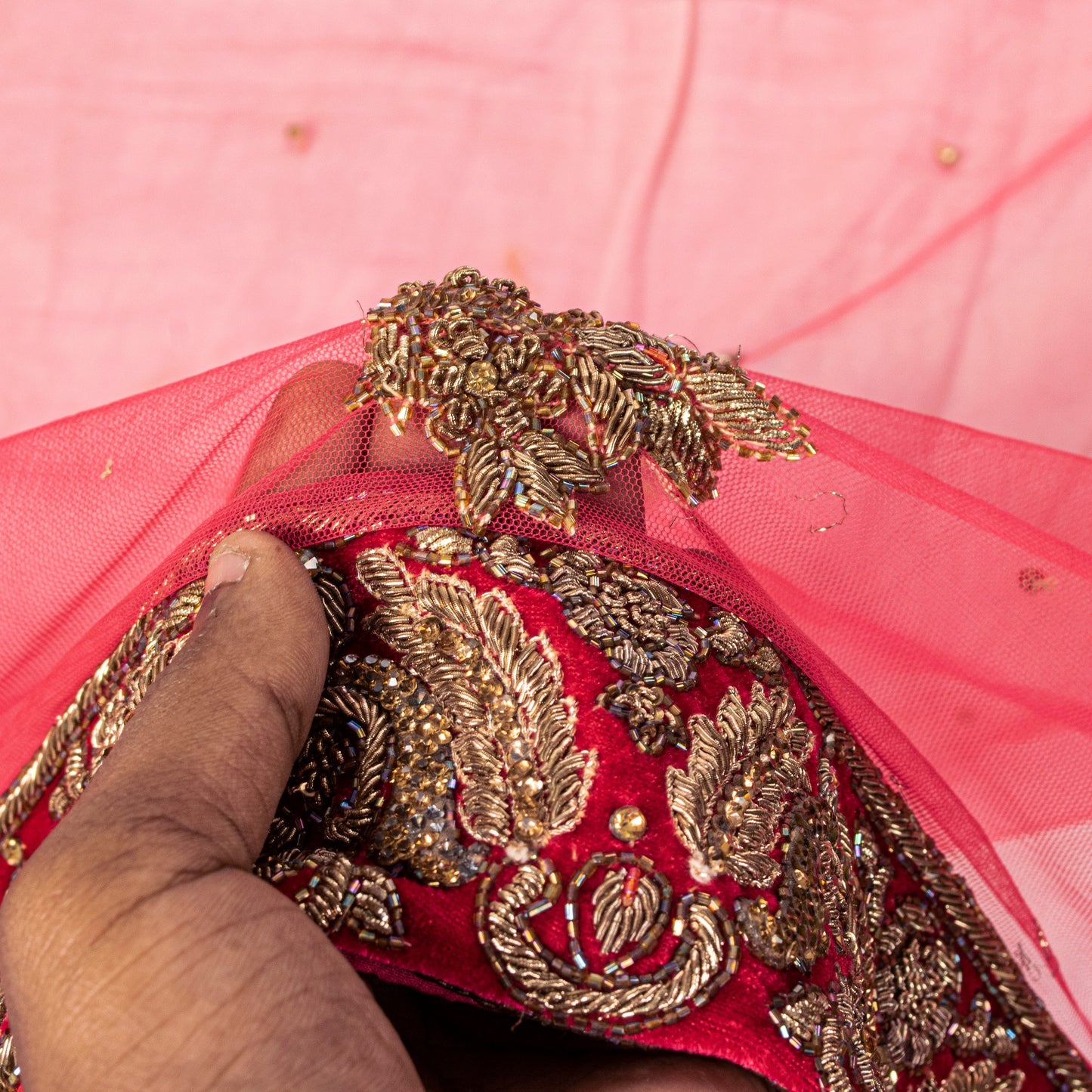 Sanskriti Vintage Pink Net Dupatta/Stole Hand Embroidery Zardozi Dabka Neck Veil
