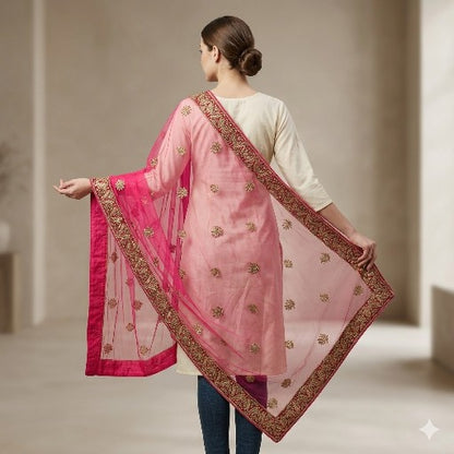 Sanskriti Vintage Pink Net Dupatta/Stole Hand Embroidery Zardozi Dabka Neck Veil