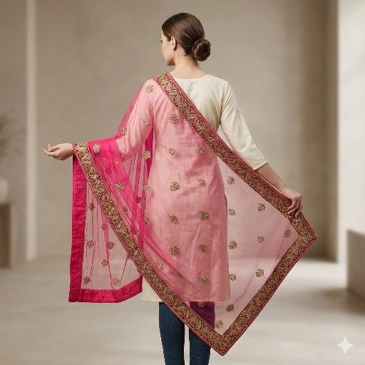 Sanskriti Vintage Pink Net Dupatta/Stole Hand Embroidery Zardozi Dabka Neck Veil